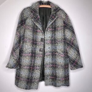 Vintage Plaid Textured Coat Chunky Boucle Tweed Jacket Oversized Preppy Academia